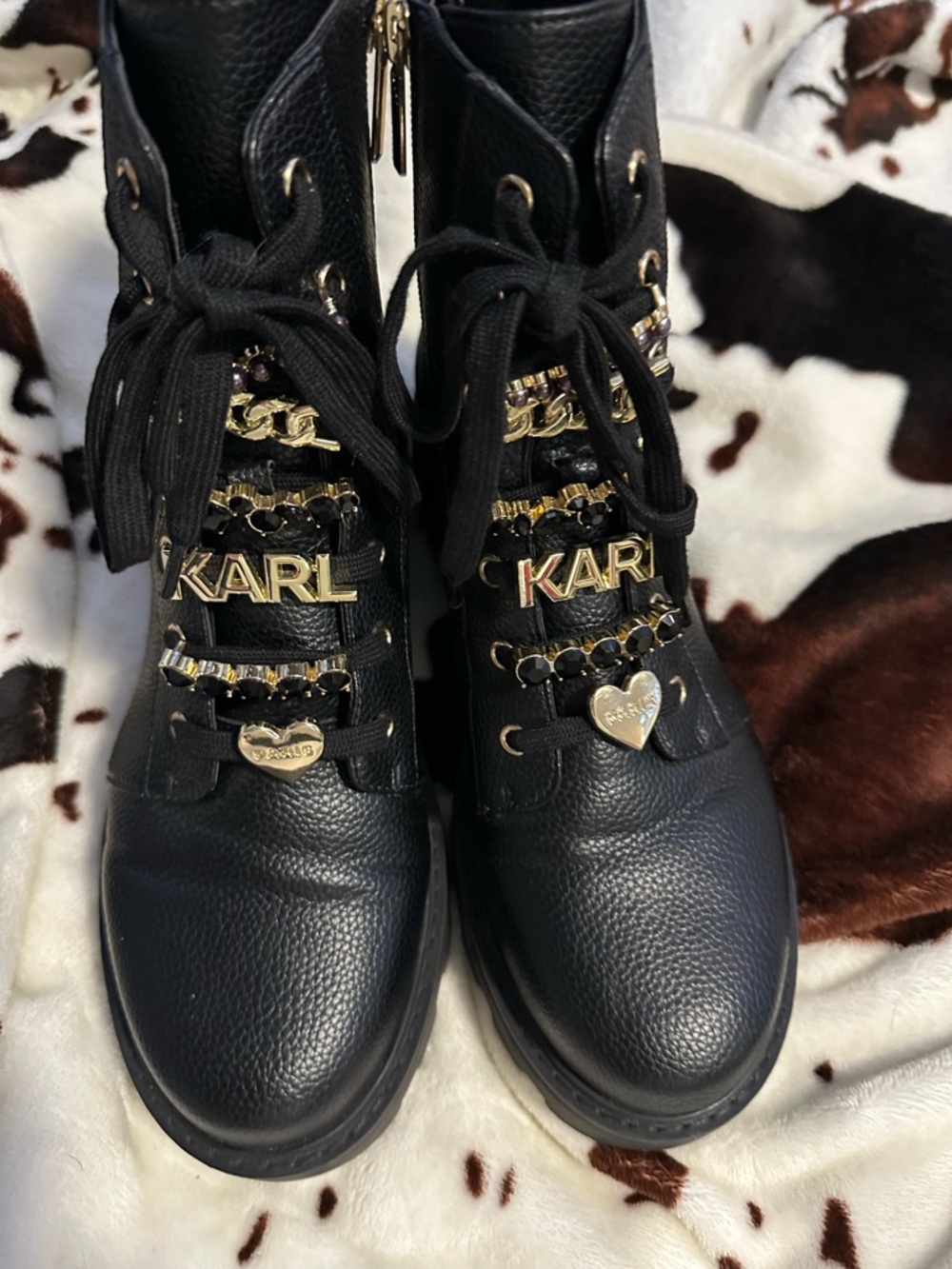 Karl Lagerfeld Black Leather Lace-Up Boots with Gold Accents never worn